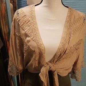 Tie front top with  lace trim